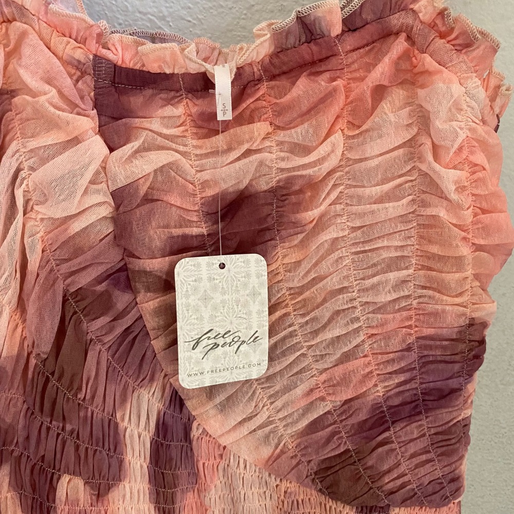 Free People Mesh Midi Dress Soft Pink Purple Watercolor Smocked Feminine Fairy - Picture 7 of 14